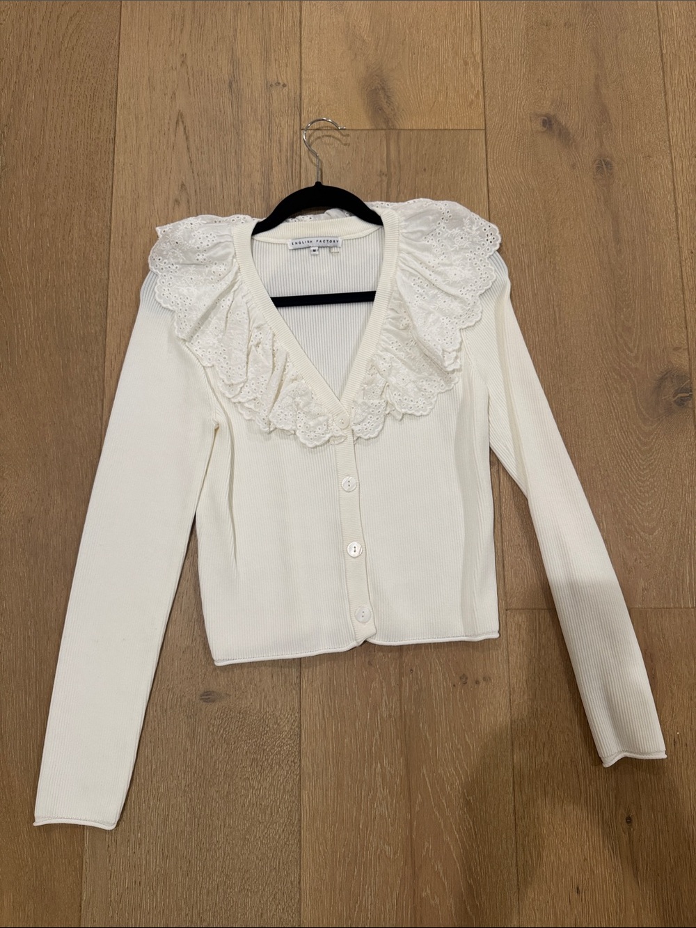 English Factory Cream Ruffle Eyelet V-Neck long sleeve